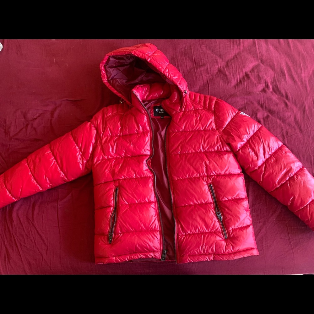 Red Guess Bubble Jacket.